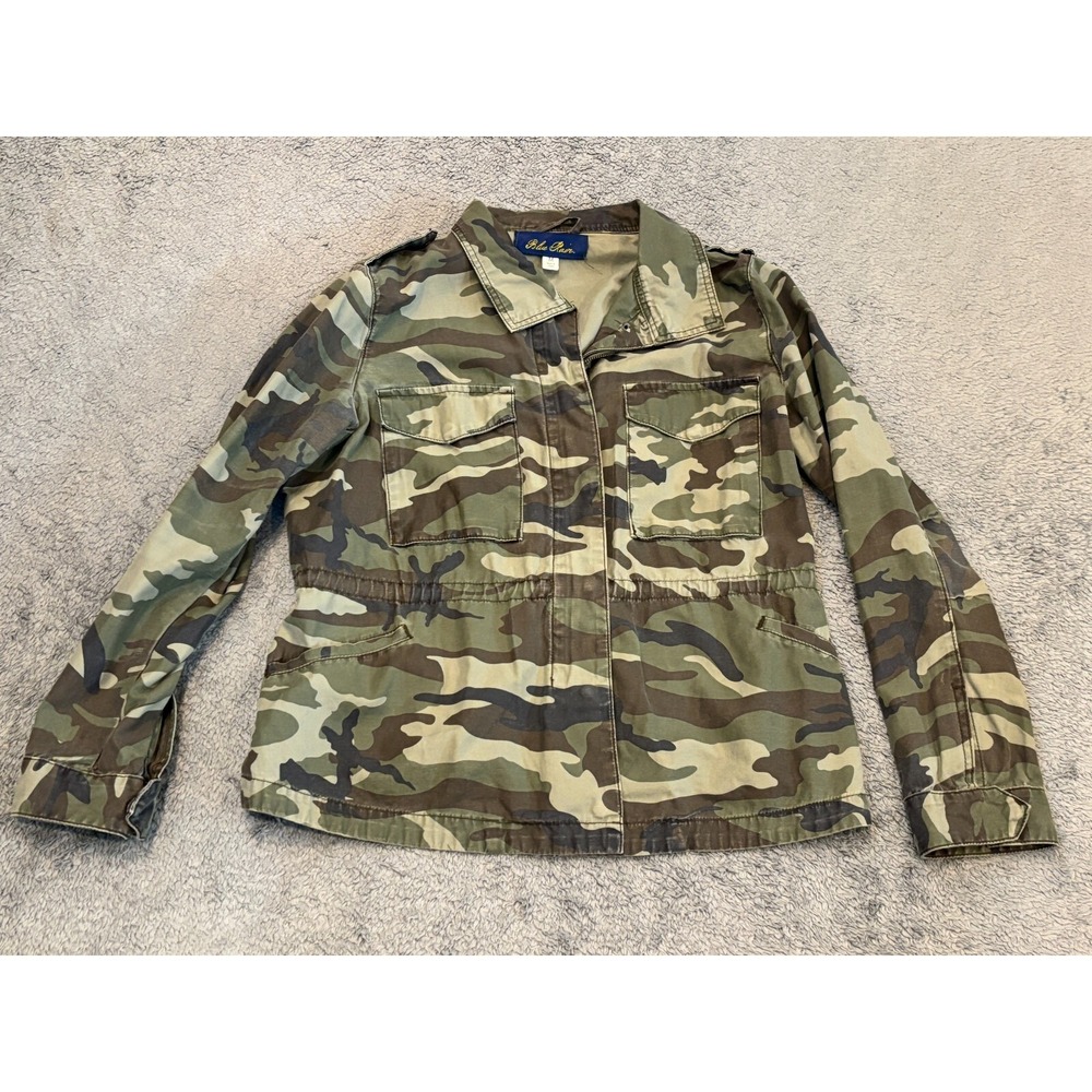 Bue Rain Jacket Womens Medium Green Camouflage Military Pockets Casual Spring